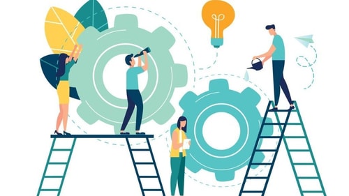 Flat vector illustration teamwork on finding new ideas little people vector id1248593714