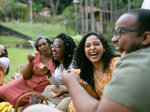 Idea Hope 2023 Smiling friends at the picnic stock photo